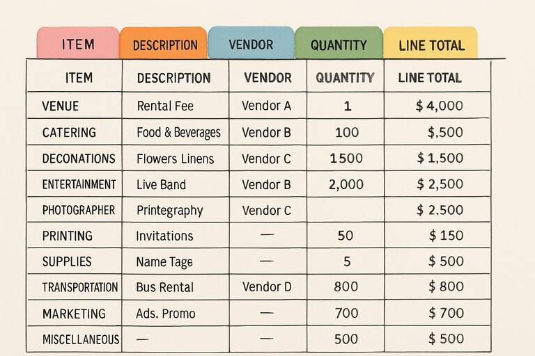 Budget boards with line items and color tabs