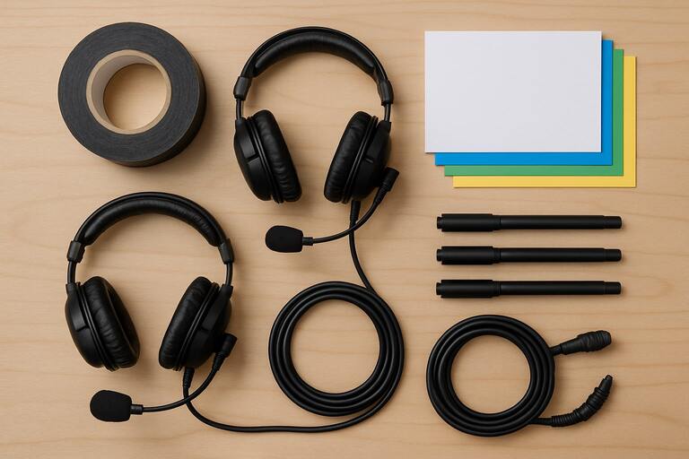 Production kit: comms headsets, gaffer tape, cue cards