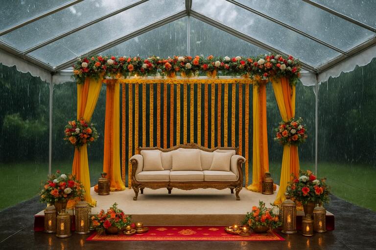 Sangeet stage with rain-safe canopy and side curtains