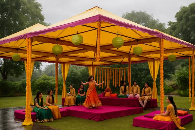 Clear-roof tent with lighting grid and dry pathways