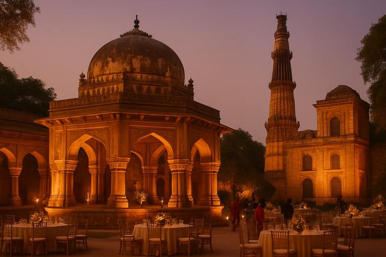 Delhi heritage backdrop with warm uplighting