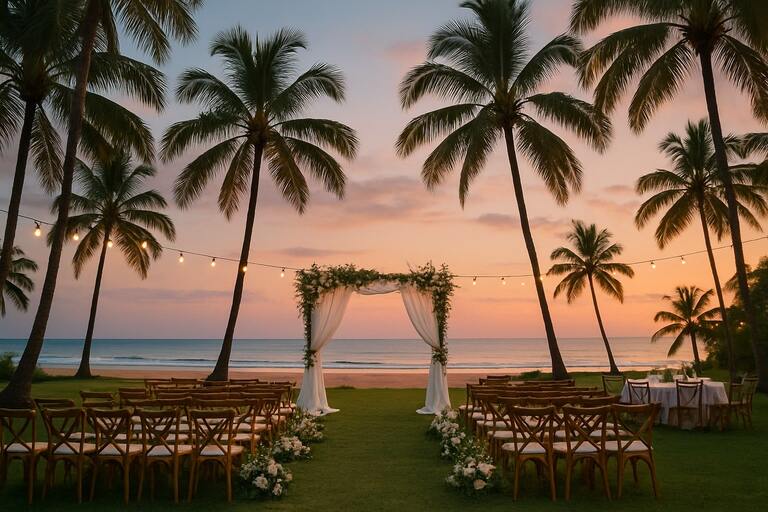 Goa beach lawn wedding with palms at dusk