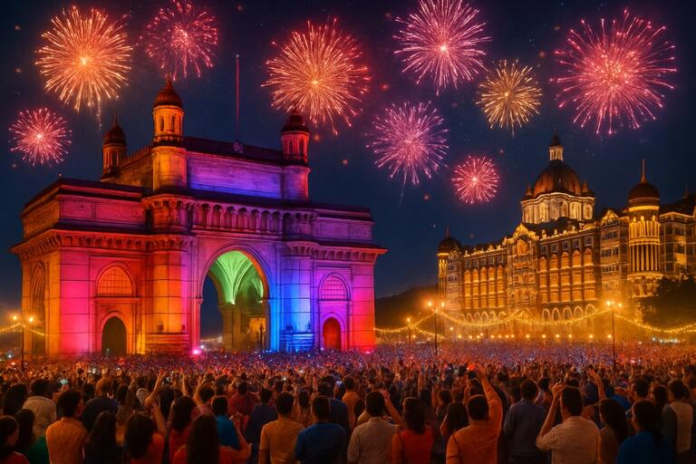 Mumbai celebration near the Gateway of India lights