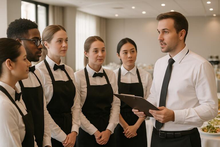 Catering briefing with timeline board and stations