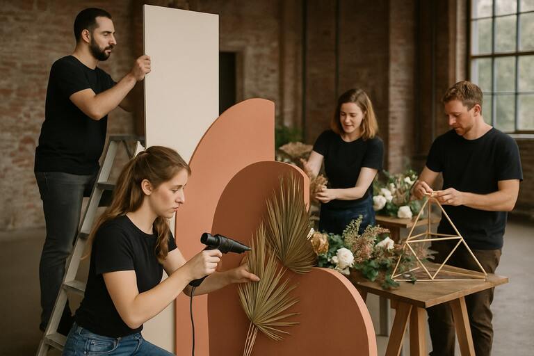 Decor team securing floral arch with safety checks