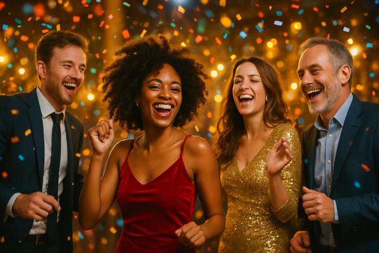 Guests dancing with smiles and confetti glow