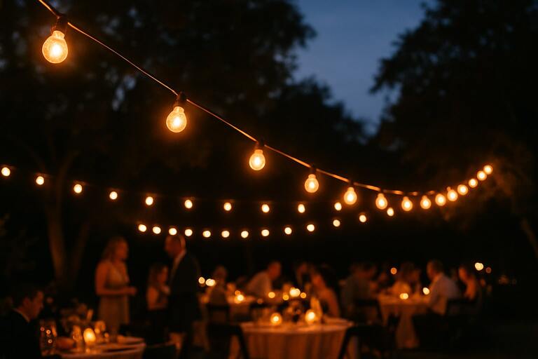 Warm festoon lights above evening celebration