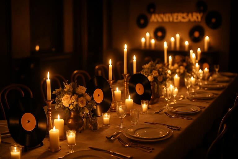 Anniversary long table with candles and records