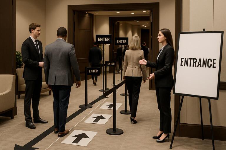 Guest flow markers and ushers near entry