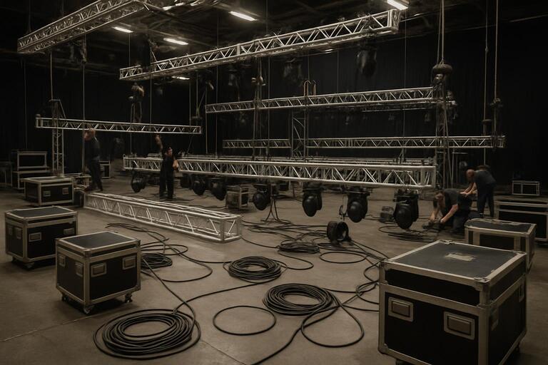 Stage before setup with cases and raw truss