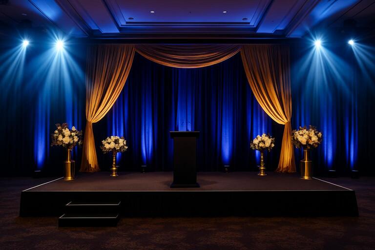 Stage after setup with lighting cues and decor