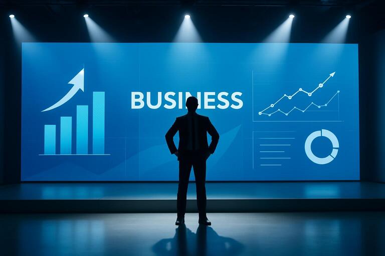 LED stage with confident presenter silhouette