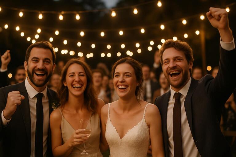 Smiling guests under warm festoon lights