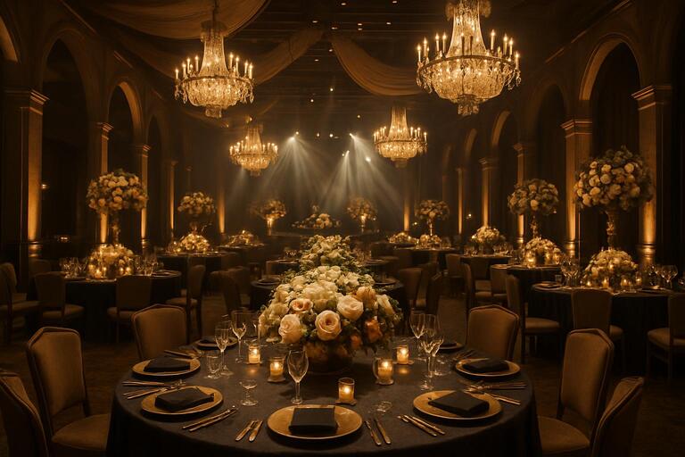 Wide frame: evening venue with warm lights