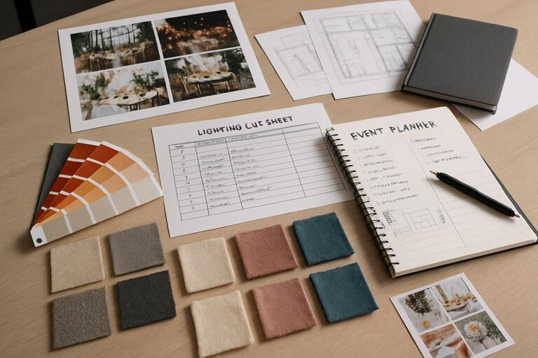 Planning table with swatches and cue notes