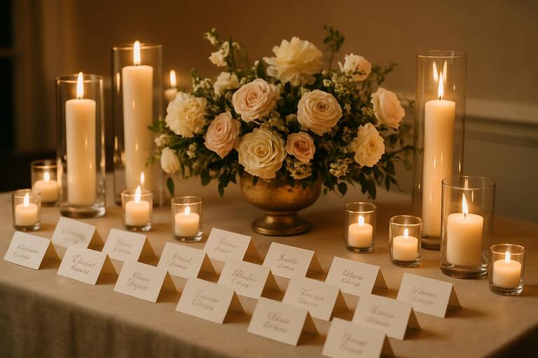 Candle table with escort cards and flowers