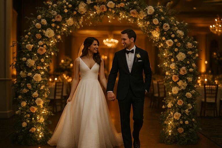Couple entrance through a warm-lit arch