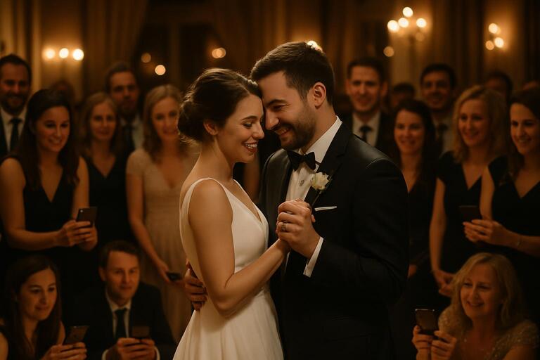 First dance framed by guests holding phones low