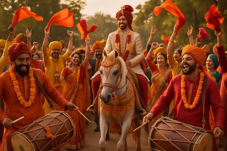 Baraat procession with dhol and bright scarves