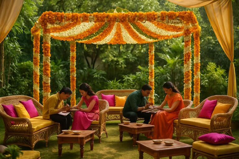 Mehendi courtyard with cane seating and floral shade