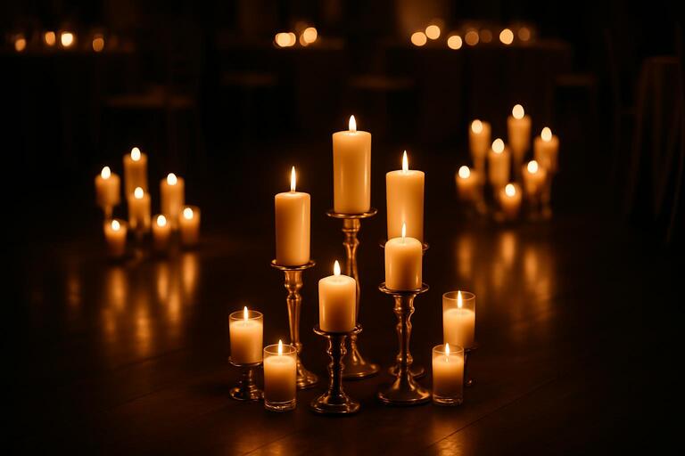 Candle clusters creating intimate pools of light