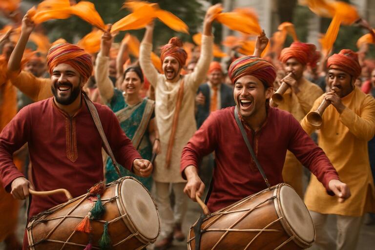 Baraat crowd with dhol and saffron scarves in motion