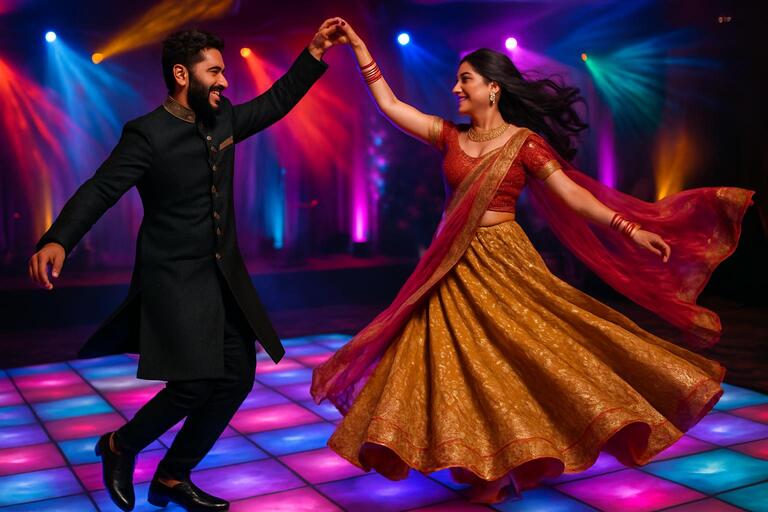 Couple mid-spin on a glowing sangeet dance floor