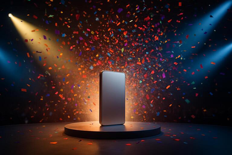 Launch moment with confetti pop and spotlight sweep