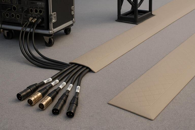 Cable labels and ramps blended into flooring