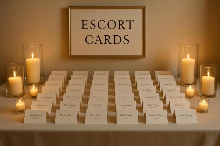 Escort-card table with clear type and warm candles