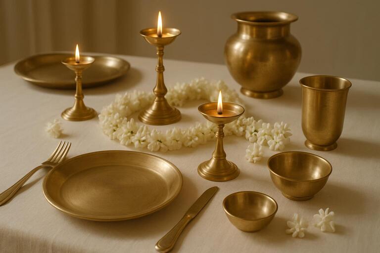 Ivory table set with brass diyas and jasmine