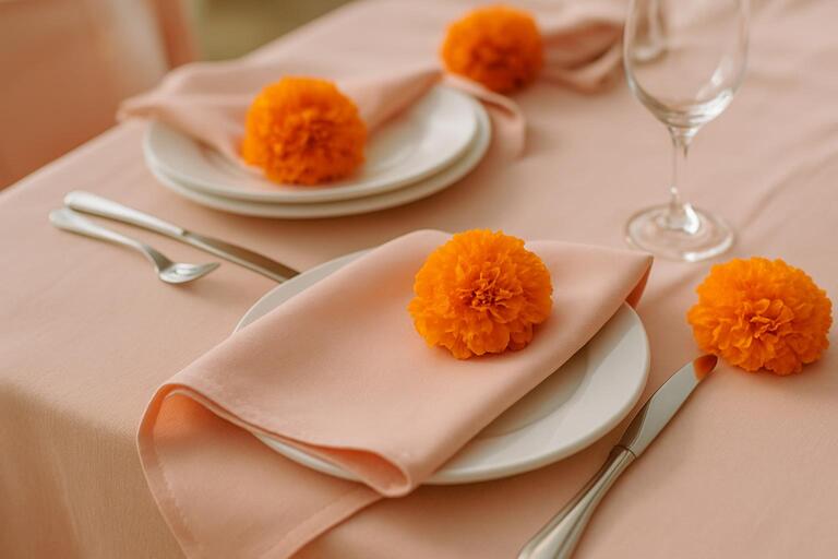 Soft pink linens paired with marigold accents