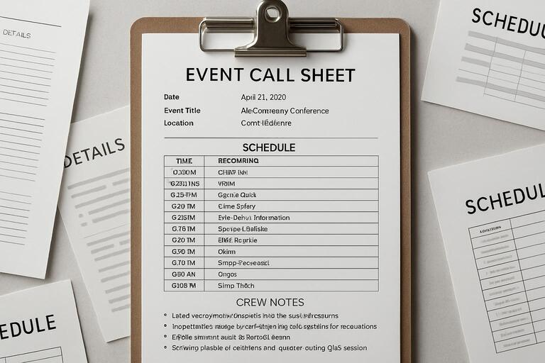 Call sheet pinned on cork board beside markers