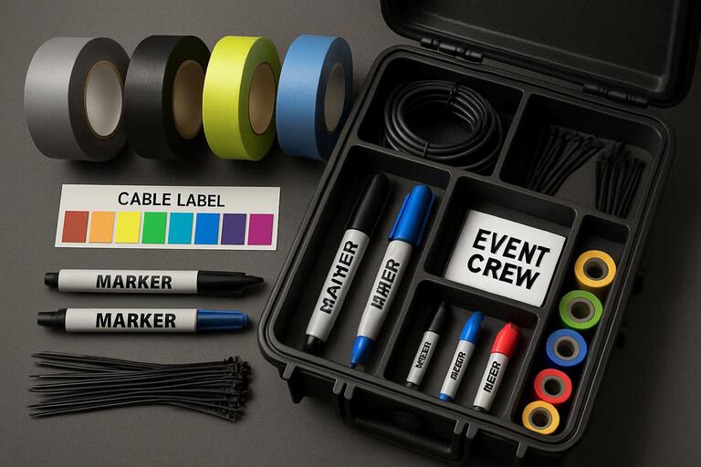 Production toolkit with headset, tape and cue cards