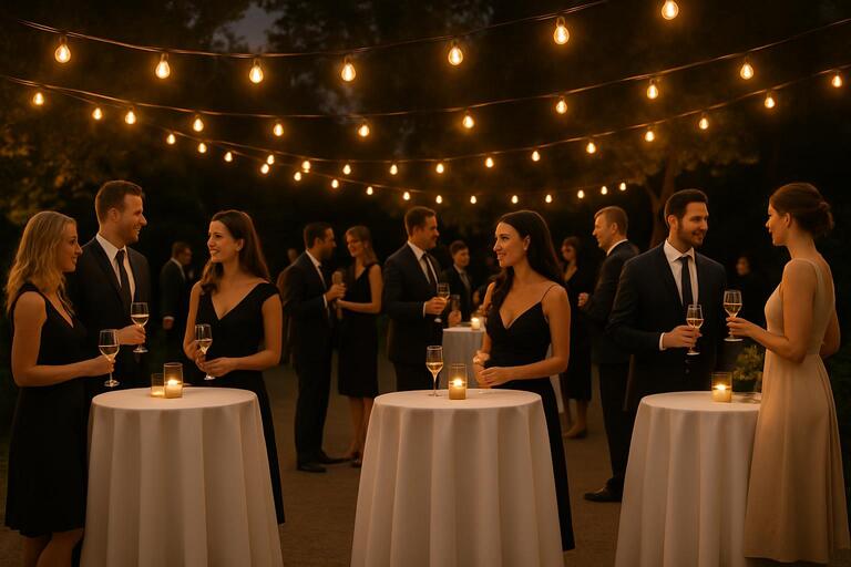 Social cocktail hour with warm festoon lights