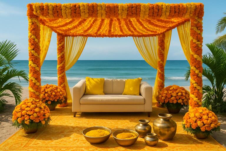 Coastal haldi corner with marigold canopy