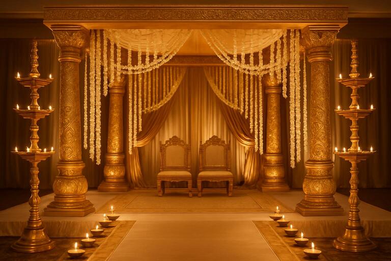 Golden mandap with brass diyas and jasmine strings