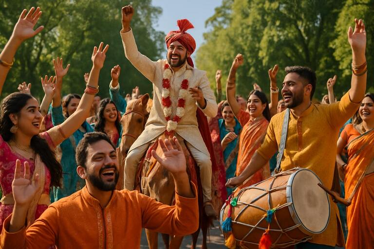 Joyful baraat with dhol and dancing