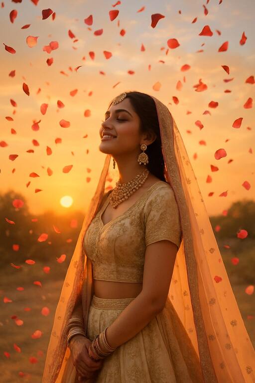 Bride under petal shower at sunset