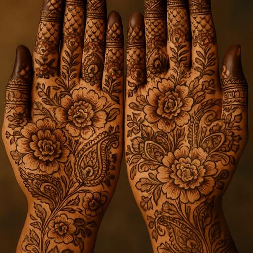 Intricate mehendi palms with floral details