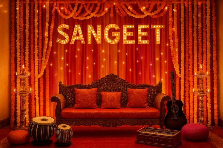 Sangeet stage with warm lights and garlands
