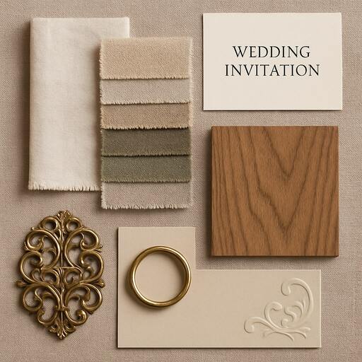 Materials table with linens, brass and cane textures