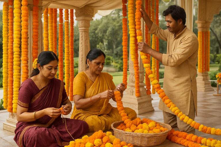 Floral team prepping marigold garlands for mandap