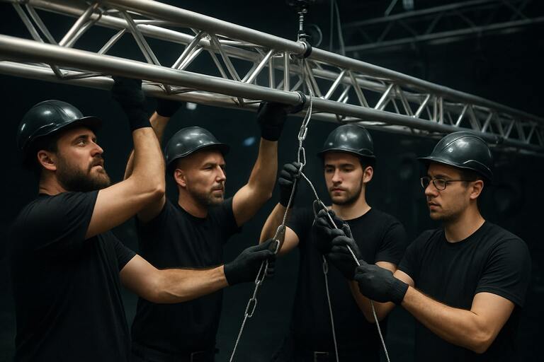 Stage rigging crew aligning truss and safety cables