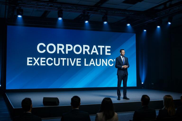 Corporate executive launch with LED wall and stage rig