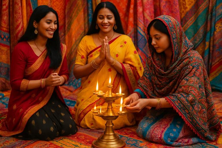 Cultural fusion celebration with textiles and brass diyas
