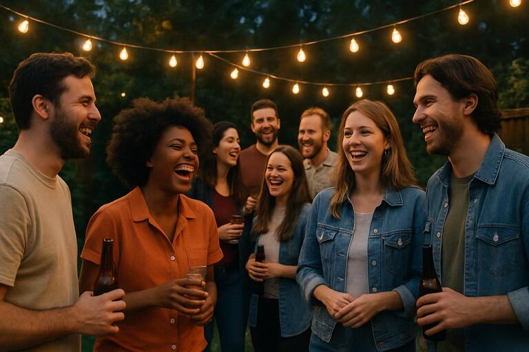 Backyard social party with string lights and laughter