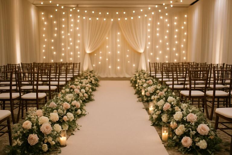 Wedding aisle design with florals and soft lights