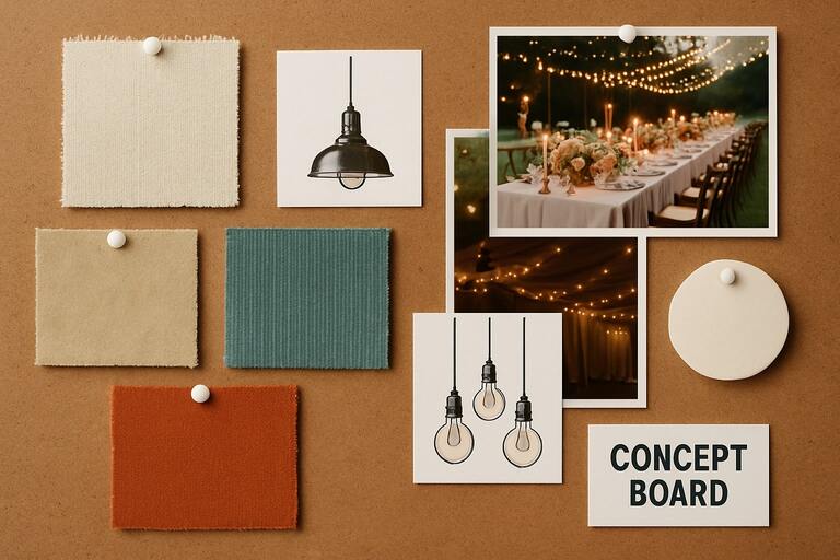 Concept board with fabric swatches and lighting references
