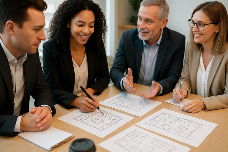 Discovery meeting with floor plan sketches on table
